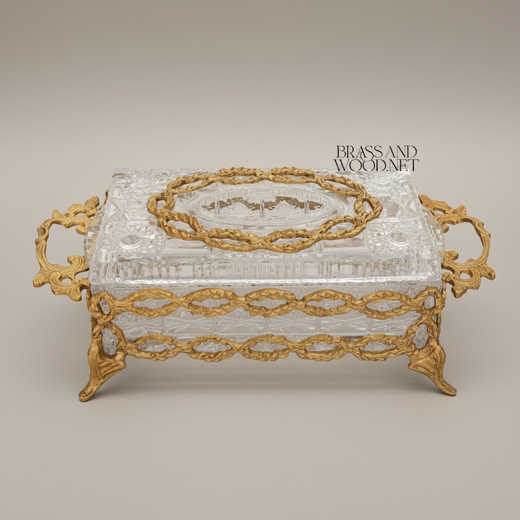 Rococo Filigree Metal & Crystal Tissue Box - Oval Wreath Lid — Antique Gold
