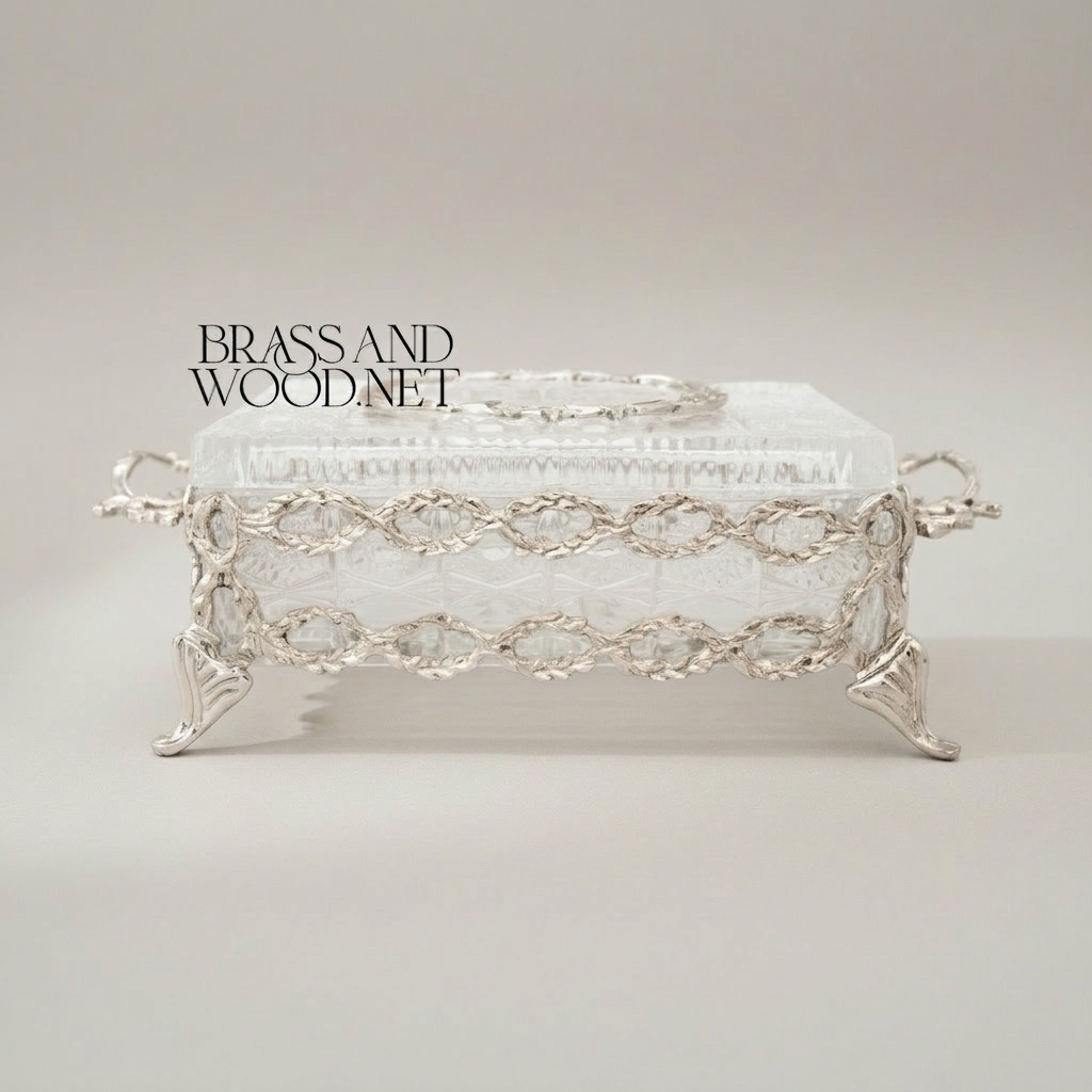 Rococo Filigree Metal & Crystal Tissue Box - Oval Wreath Lid — Silver