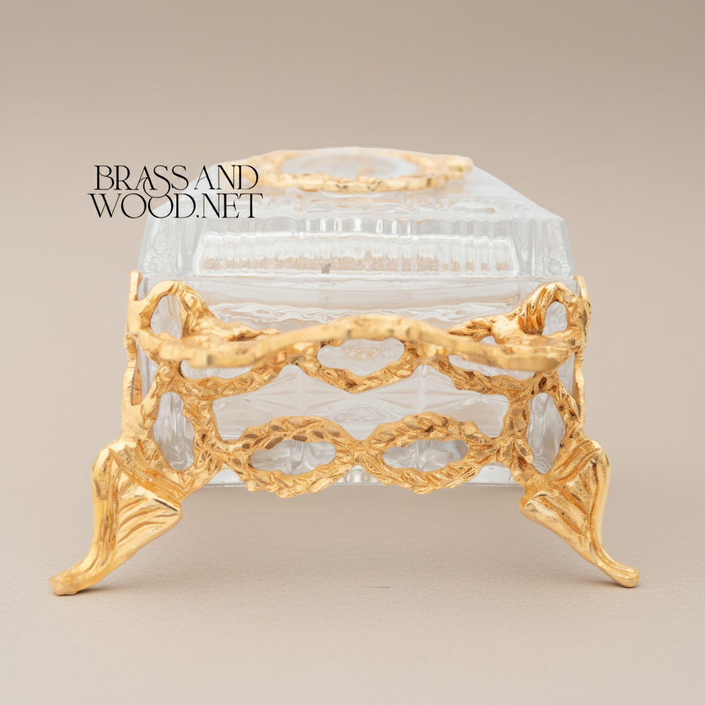 Rococo Filigree Metal & Crystal Tissue Box - Oval Wreath Lid — Gold