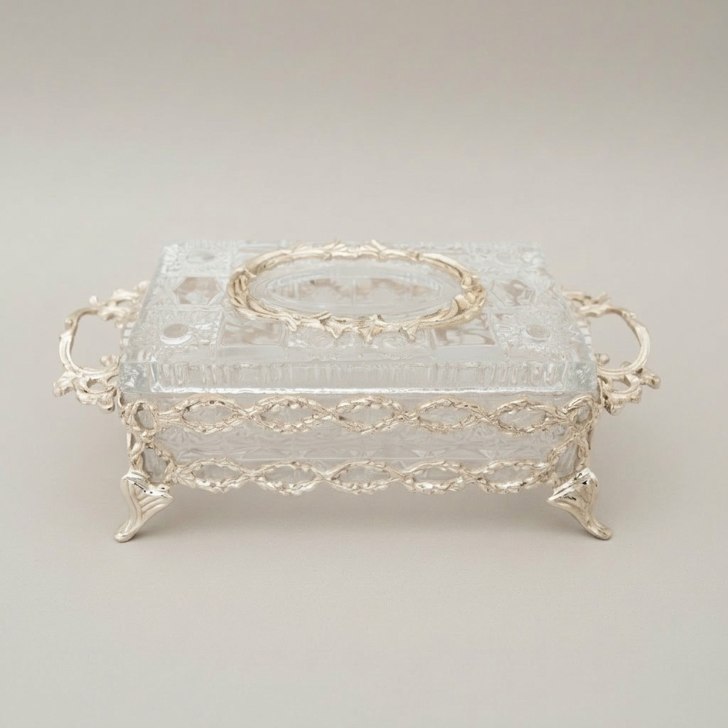 Rococo Filigree Metal & Crystal Tissue Box - Oval Wreath Lid — Silver