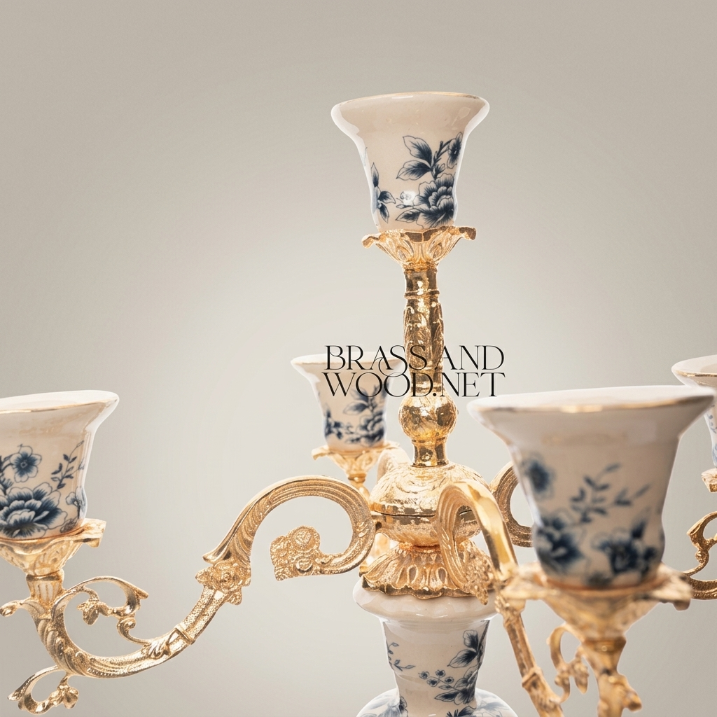 Rococo Five-Arm Candelabra in Blue Floral Porcelain with Gilt Brass Scrollwork — Gold