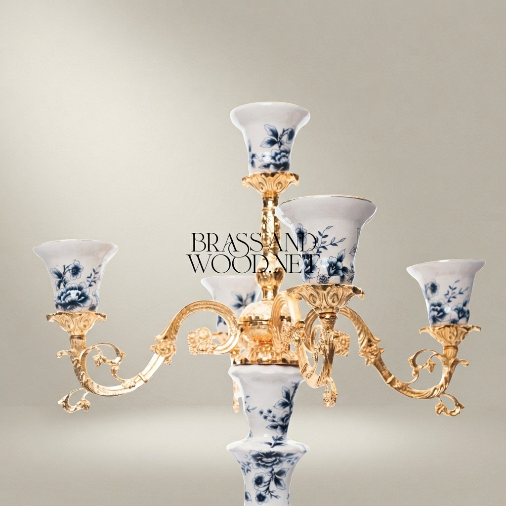 Rococo Five-Arm Candelabra in Blue Floral Porcelain with Gilt Brass Scrollwork