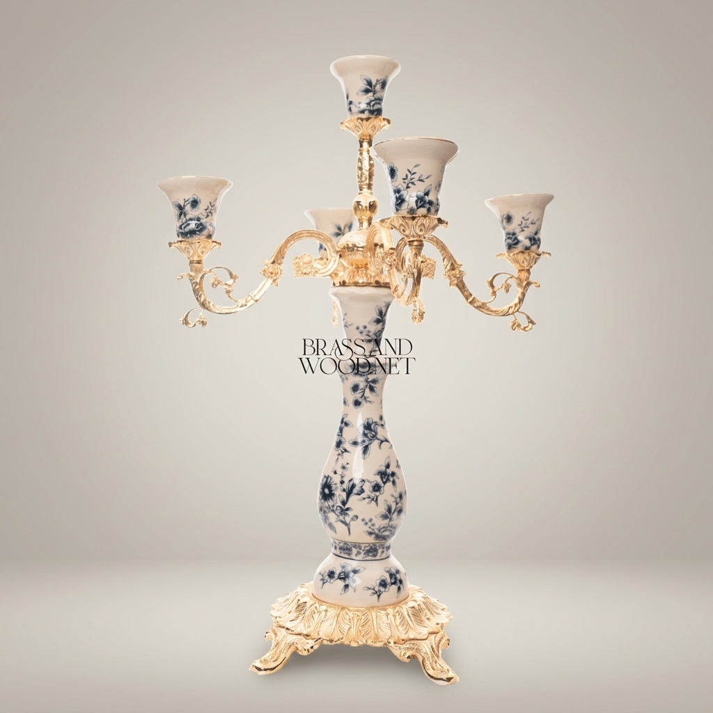 Rococo Five-Arm Candelabra in Blue Floral Porcelain with Gilt Brass Scrollwork — Gold
