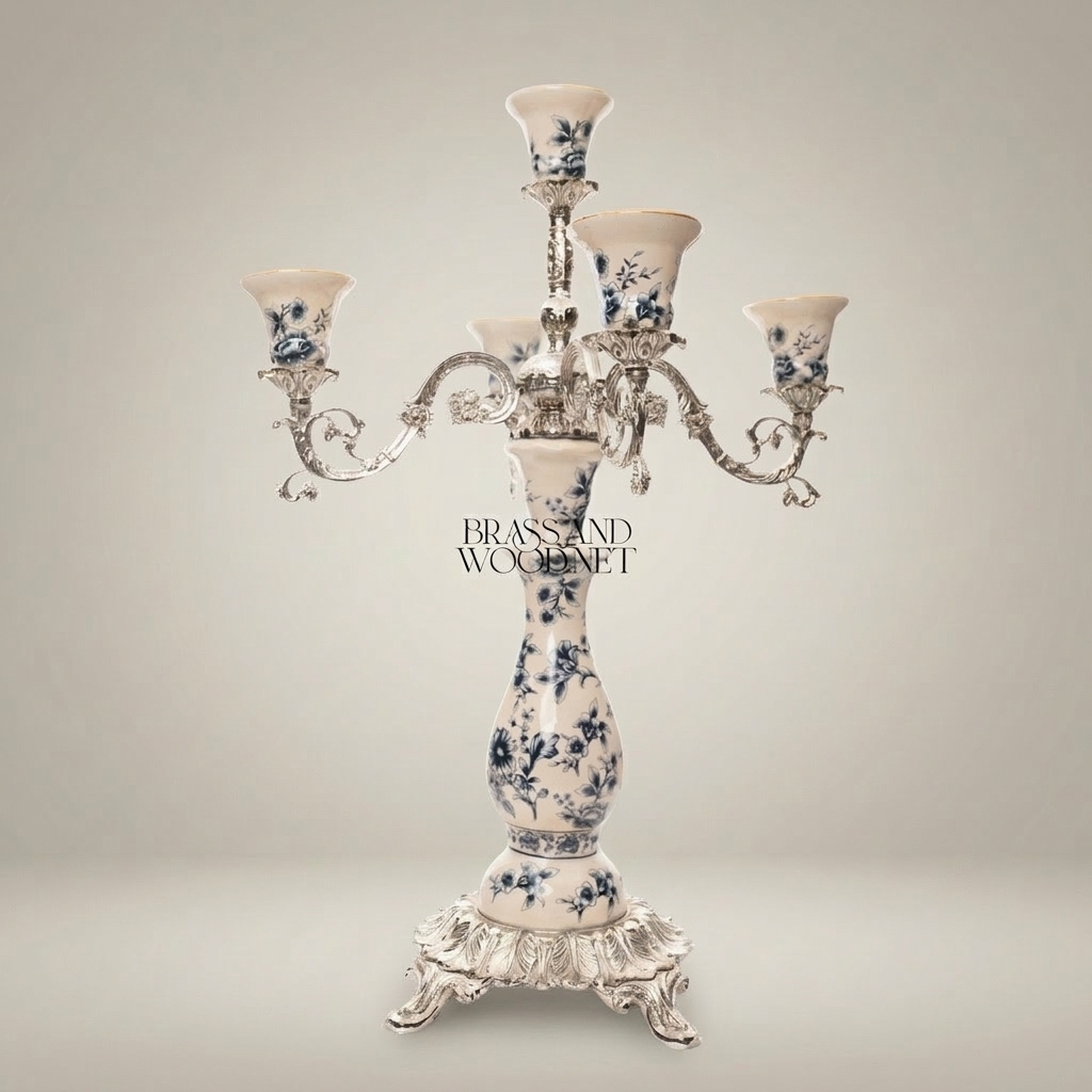 Rococo Five-Arm Candelabra in Blue Floral Porcelain with Gilt Brass Scrollwork — Silver