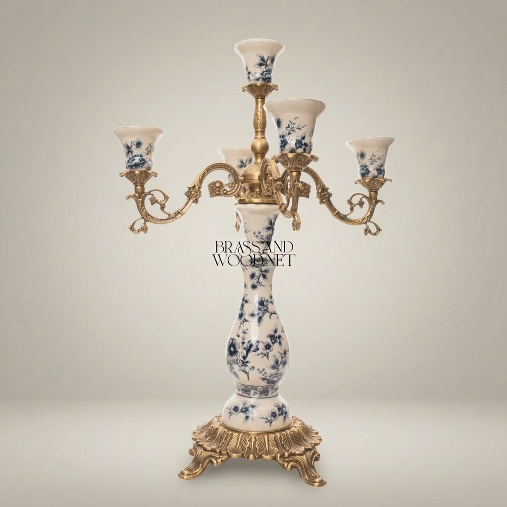 Rococo Five-Arm Candelabra in Blue Floral Porcelain with Gilt Brass Scrollwork — Antique Gold