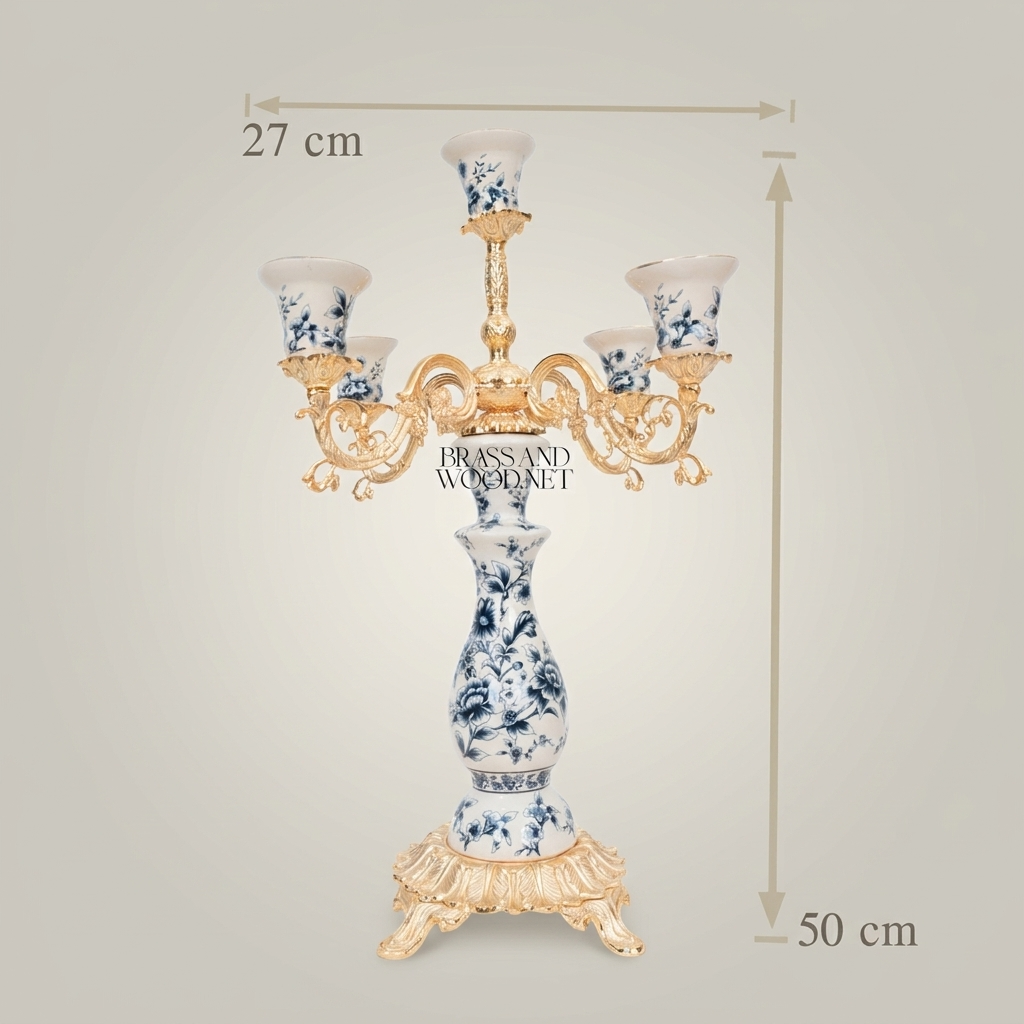 Rococo Five-Arm Candelabra in Blue Floral Porcelain with Gilt Brass Scrollwork