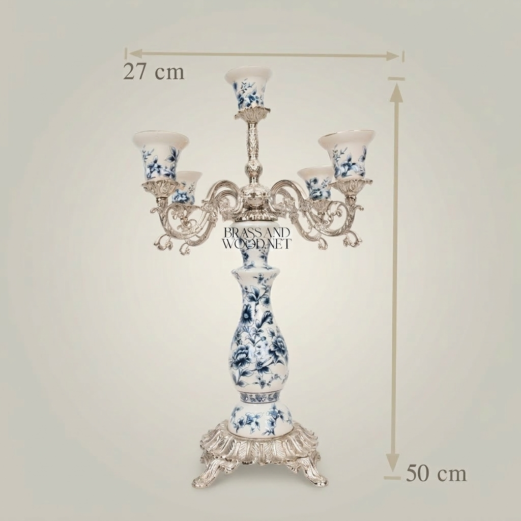 Rococo Five-Arm Candelabra in Blue Floral Porcelain with Gilt Brass Scrollwork — Silver