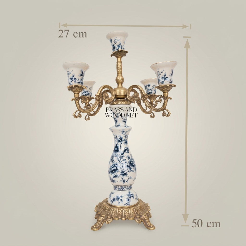 Rococo Five-Arm Candelabra in Blue Floral Porcelain with Gilt Brass Scrollwork — Antique Gold