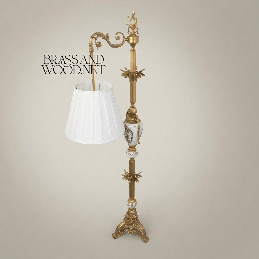 Rococo Hand-Carved Floor Lamp with Ornate Tripod Base & Hand-Painted Ceramic Urn — Antique Gold