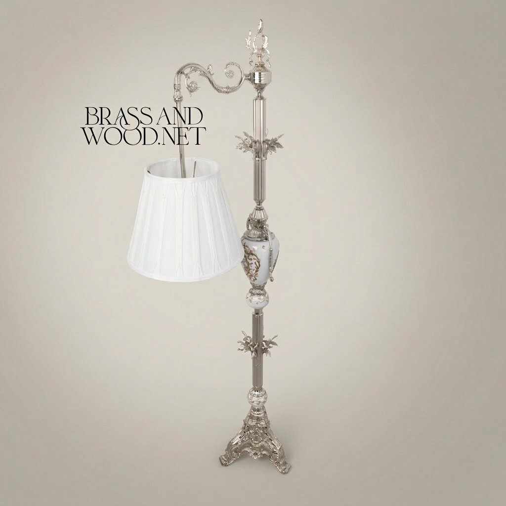 Rococo Hand-Carved Floor Lamp with Ornate Tripod Base & Hand-Painted Ceramic Urn — Silver