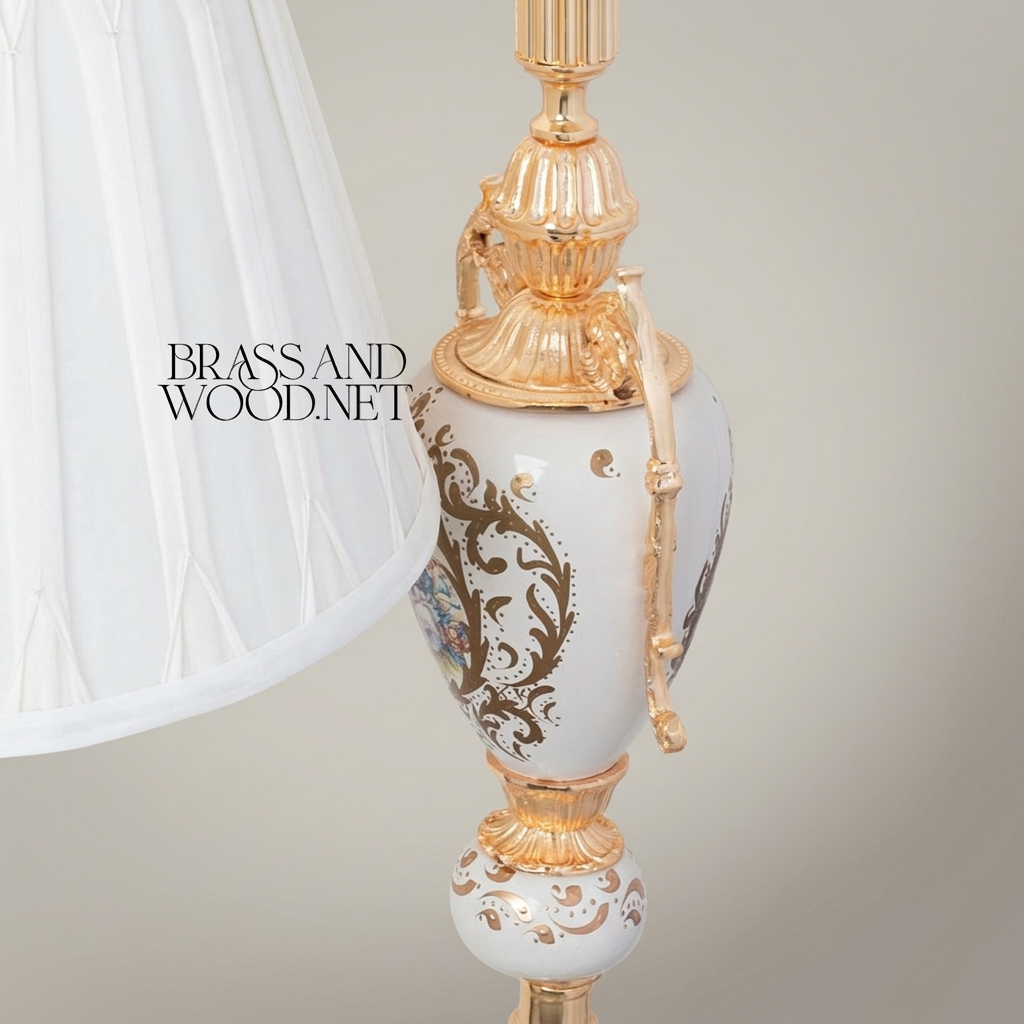 Rococo Hand-Carved Floor Lamp with Ornate Tripod Base & Hand-Painted Ceramic Urn