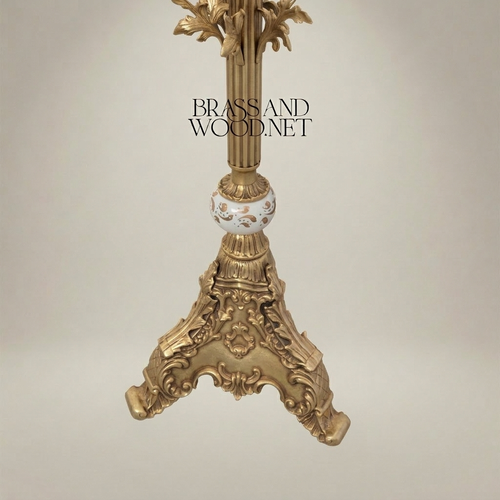 Rococo Hand-Carved Floor Lamp with Ornate Tripod Base & Hand-Painted Ceramic Urn — Antique Gold