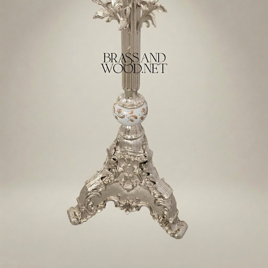 Rococo Hand-Carved Floor Lamp with Ornate Tripod Base & Hand-Painted Ceramic Urn — Silver