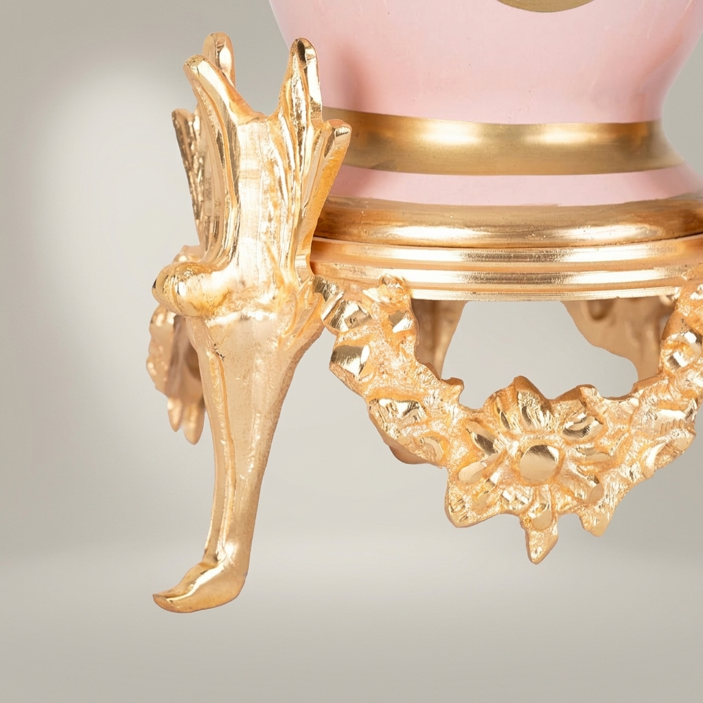 Rococo Floral Ceramic Trumpet Vase with Ornate Brass Stand