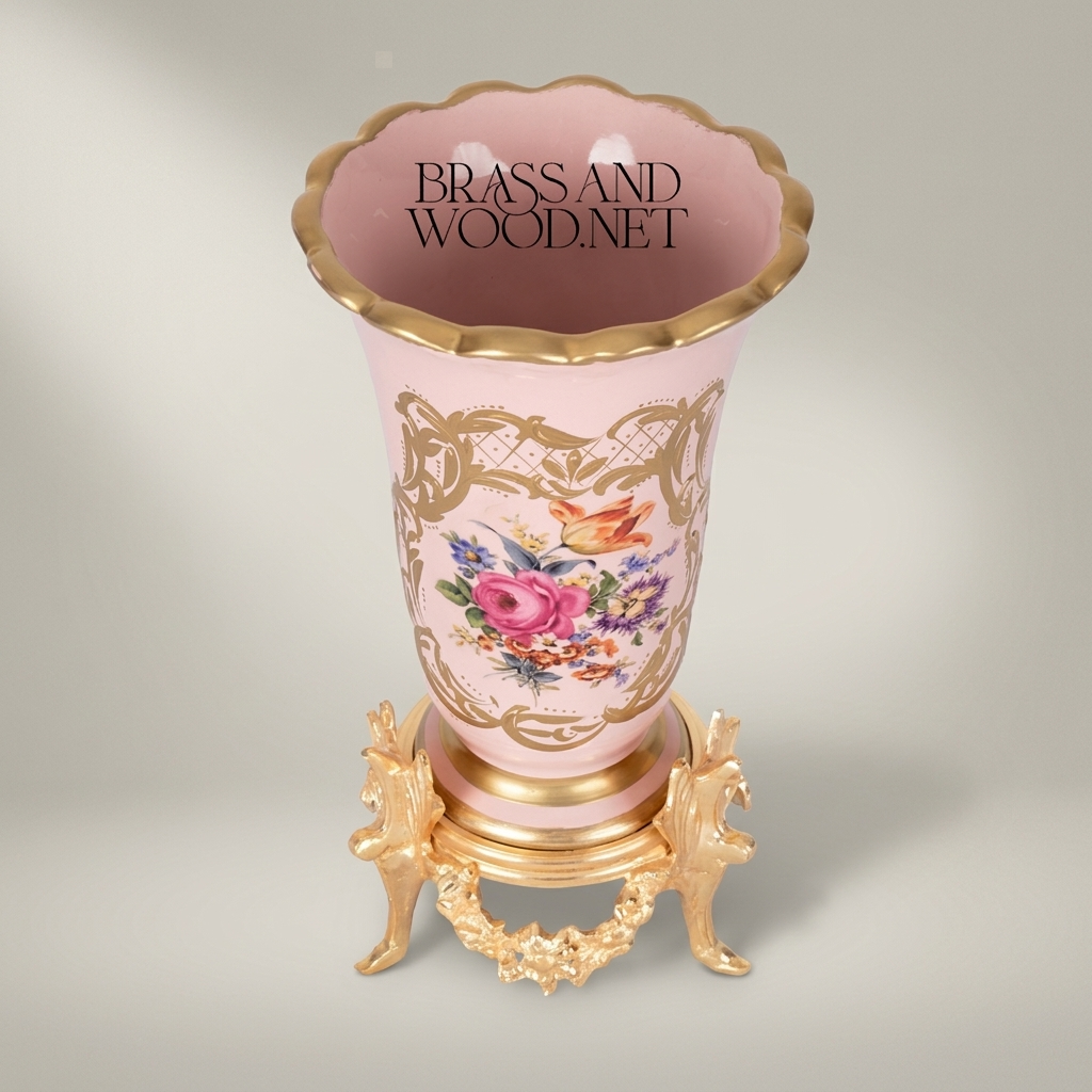 Rococo Floral Ceramic Trumpet Vase with Ornate Brass Stand