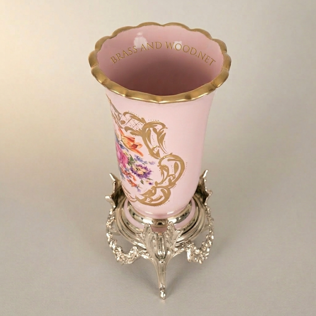 Rococo Floral Ceramic Trumpet Vase with Ornate Brass Stand — Silver