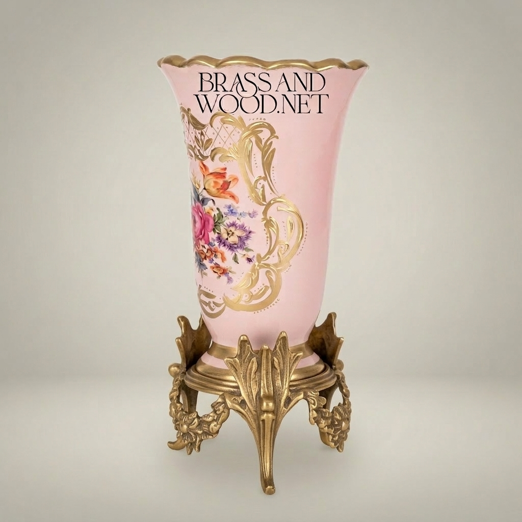 Rococo Floral Ceramic Trumpet Vase with Ornate Brass Stand — Antique Gold