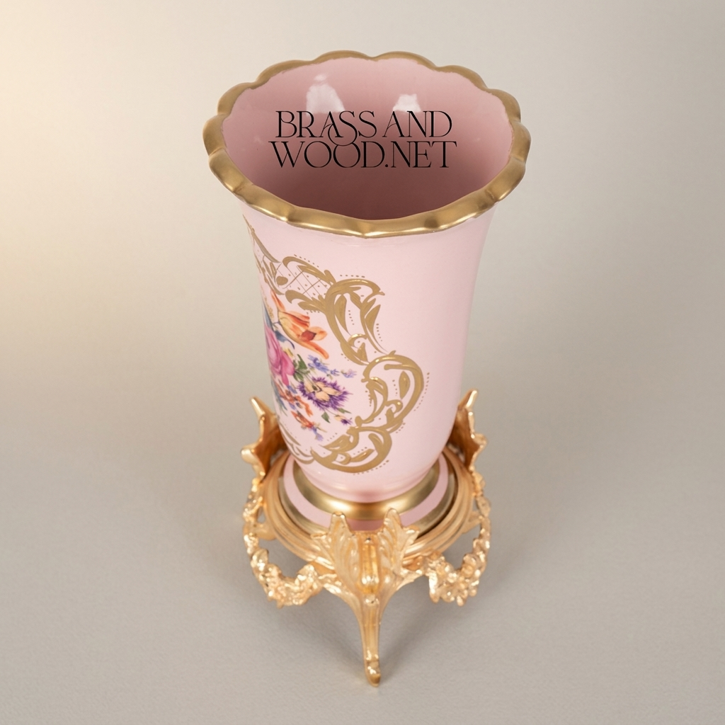 Rococo Floral Ceramic Trumpet Vase with Ornate Brass Stand — Gold