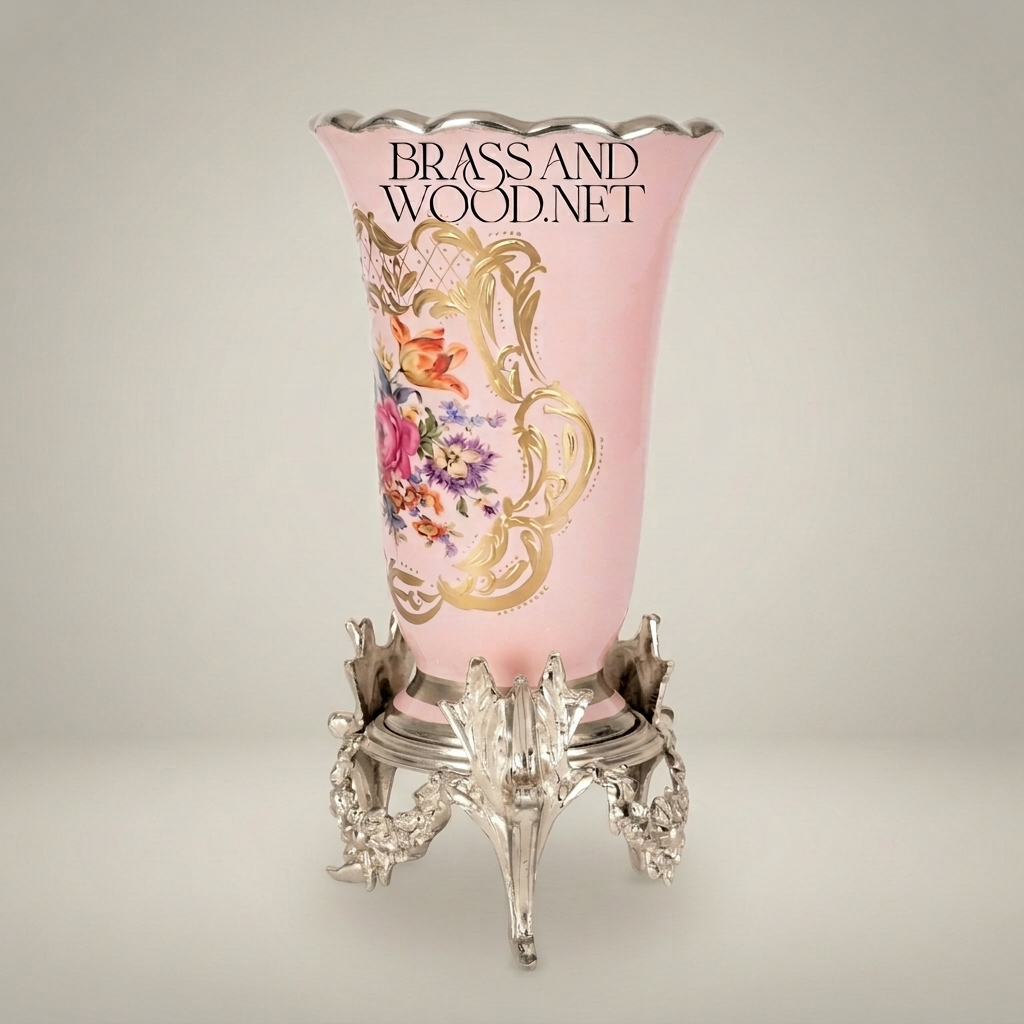 Rococo Floral Ceramic Trumpet Vase with Ornate Brass Stand — Silver