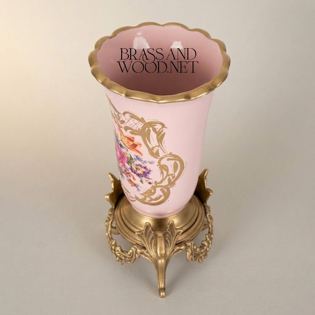 Rococo Floral Ceramic Trumpet Vase with Ornate Brass Stand — Antique Gold