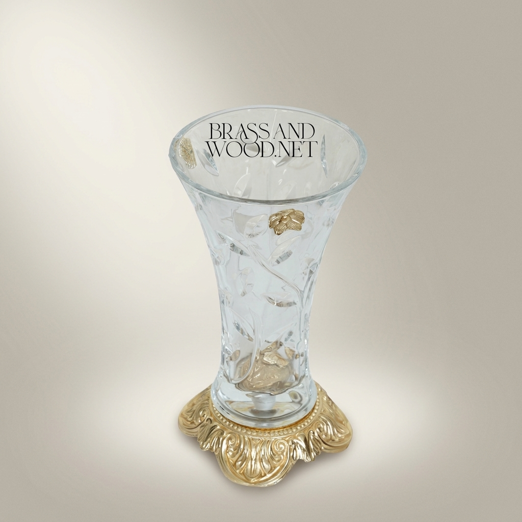 Rococo Crystal Glass Vase with Engraved Floral Relief and Ornate Brass Acanthus Base