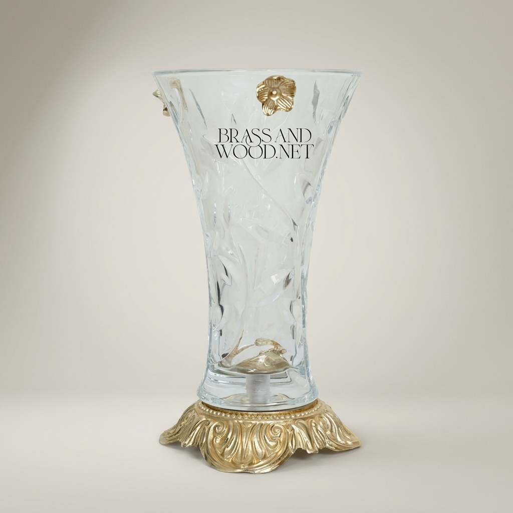 Rococo Crystal Glass Vase with Engraved Floral Relief and Ornate Brass Acanthus Base