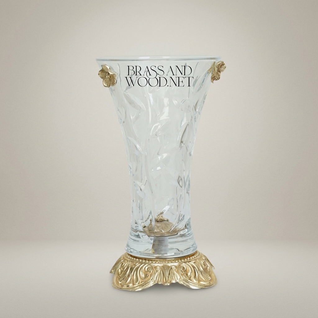 Rococo Crystal Glass Vase with Engraved Floral Relief and Ornate Brass Acanthus Base