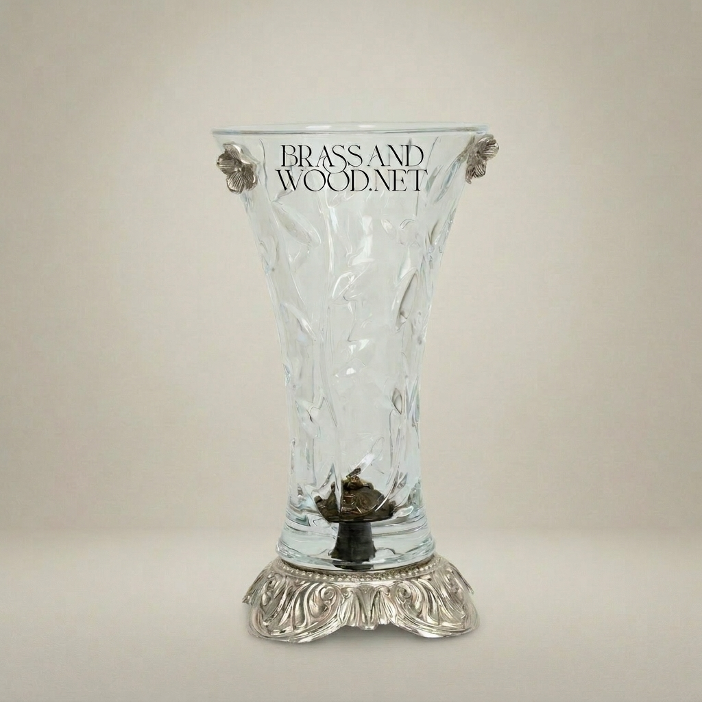 Rococo Crystal Glass Vase with Engraved Floral Relief and Ornate Brass Acanthus Base — Silver