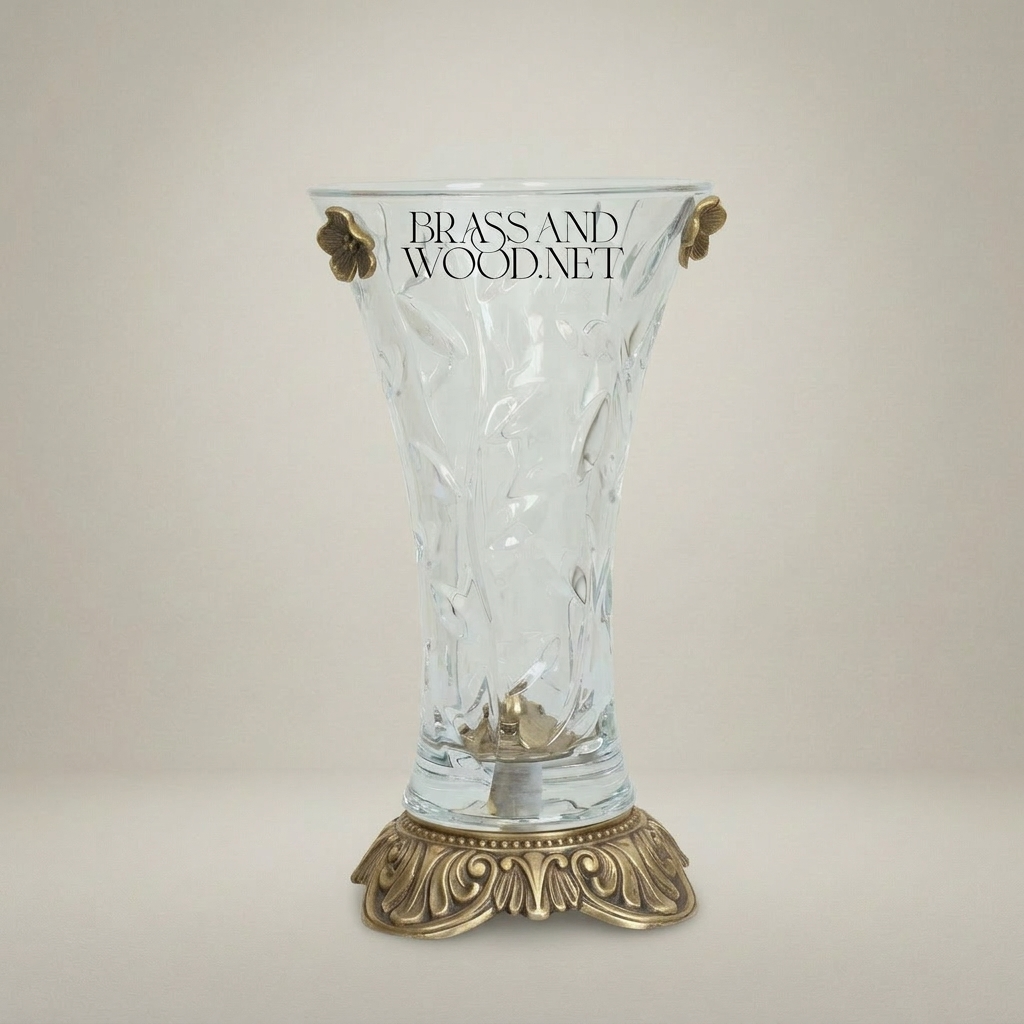 Rococo Crystal Glass Vase with Engraved Floral Relief and Ornate Brass Acanthus Base — Antique Gold
