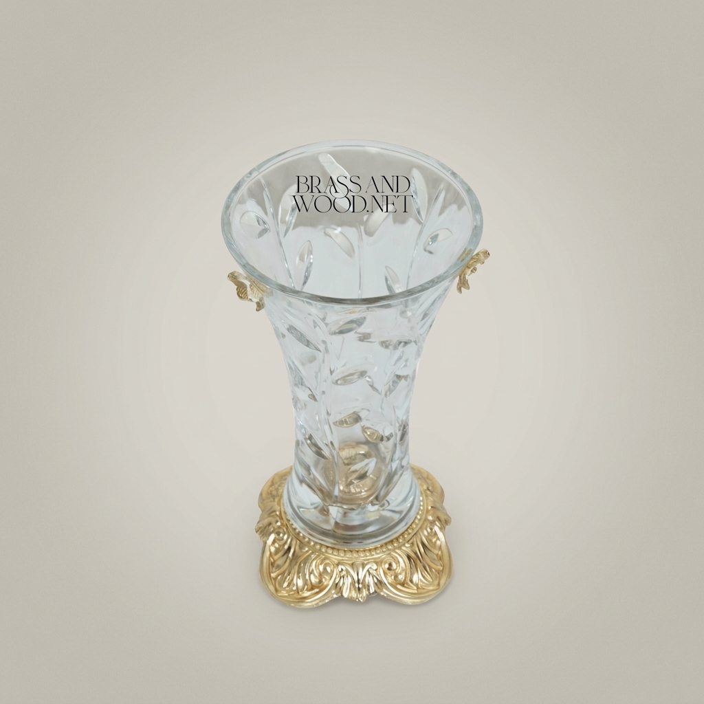 Rococo Crystal Glass Vase with Engraved Floral Relief and Ornate Brass Acanthus Base — Gold