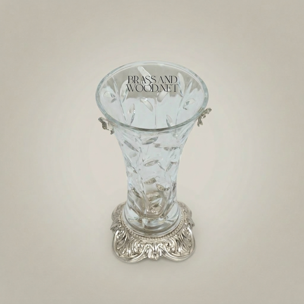 Rococo Crystal Glass Vase with Engraved Floral Relief and Ornate Brass Acanthus Base — Silver