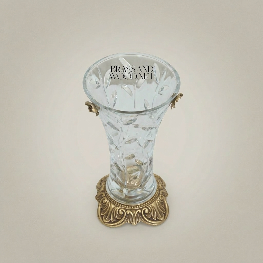 Rococo Crystal Glass Vase with Engraved Floral Relief and Ornate Brass Acanthus Base — Antique Gold