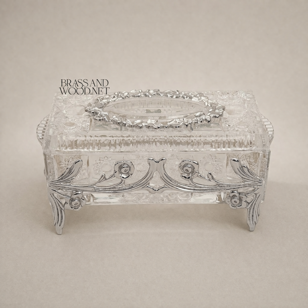 Rococo Floral Relief Crystal Tissue Box with Scrollwork Metal Frame