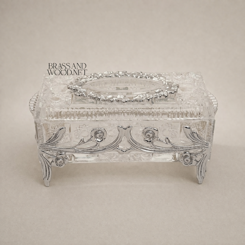 Rococo Floral Relief Crystal Tissue Box with Scrollwork Metal Frame — Silver