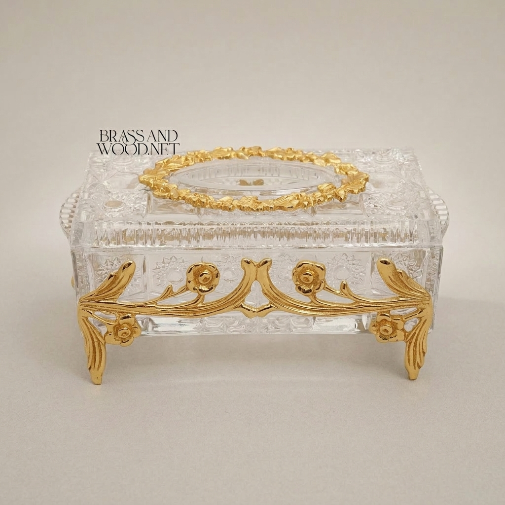 Rococo Floral Relief Crystal Tissue Box with Scrollwork Metal Frame — Gold