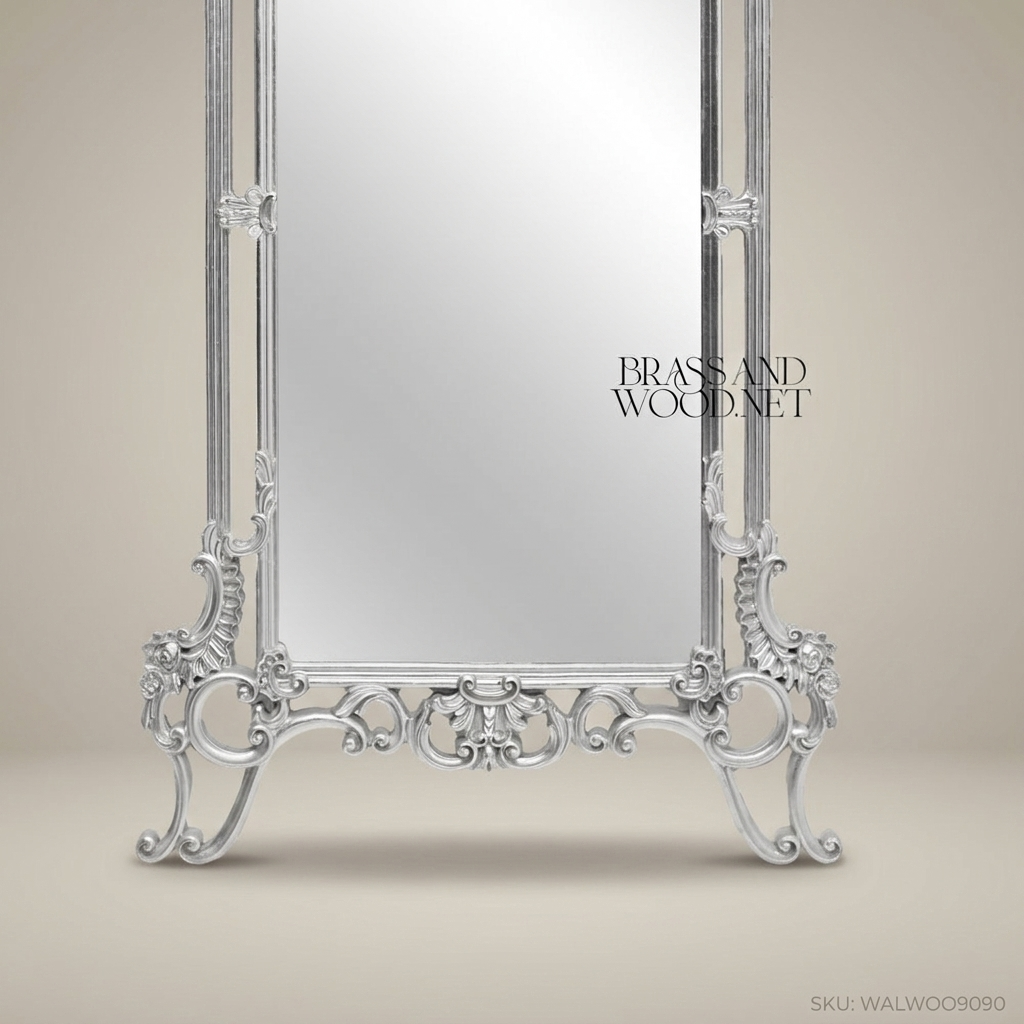 Rococo Full-Length Floor Mirror | Silver Leaf Carved Wood Ornate Frame