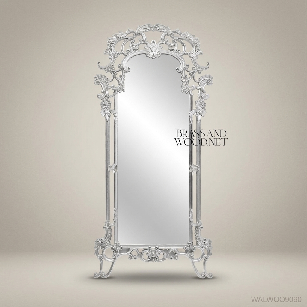 Rococo Full-Length Floor Mirror | Silver Leaf Carved Wood Ornate Frame