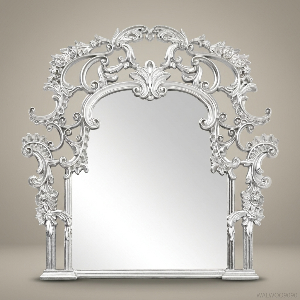 Rococo Full-Length Floor Mirror | Silver Leaf Carved Wood Ornate Frame