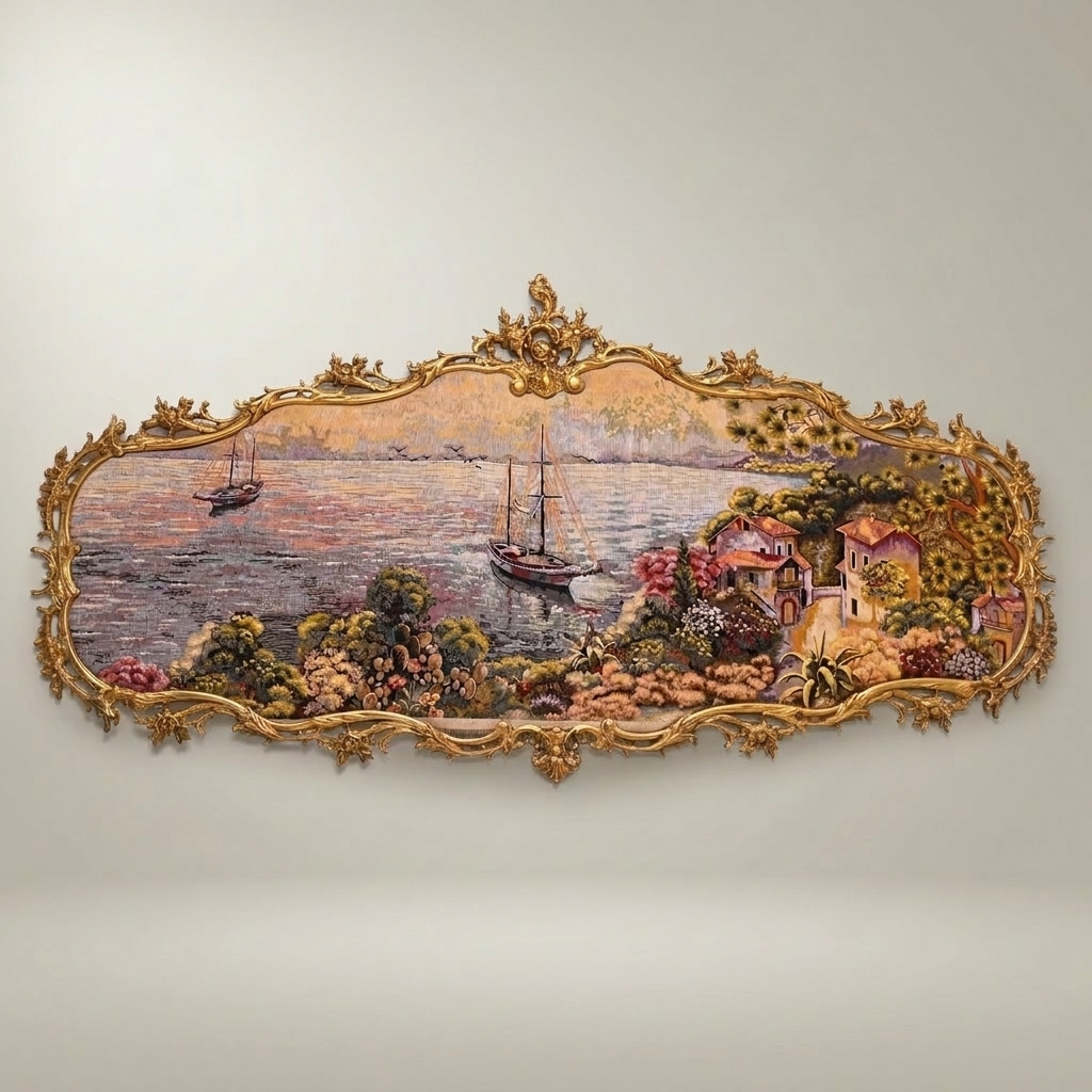 Rococo Gilded Wall Frame with Panoramic Harbor Tapestry Scene