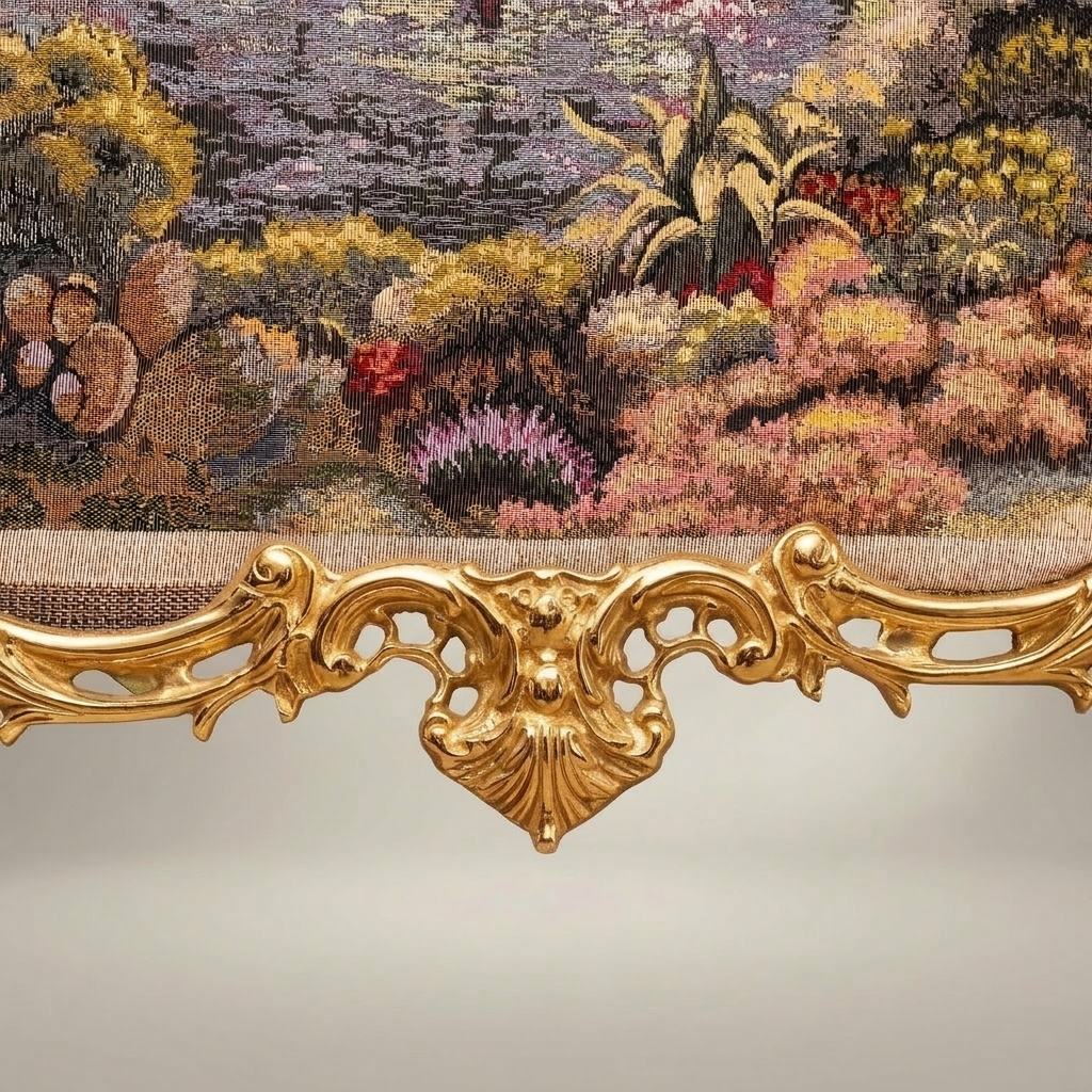 Rococo Gilded Wall Frame with Panoramic Harbor Tapestry Scene