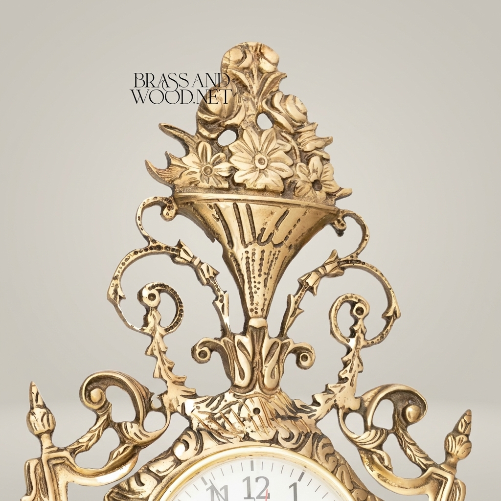 Rococo Gilt Brass Cartel Wall Clock - Floral Urn Crest & Scroll Frame — Antique Gold