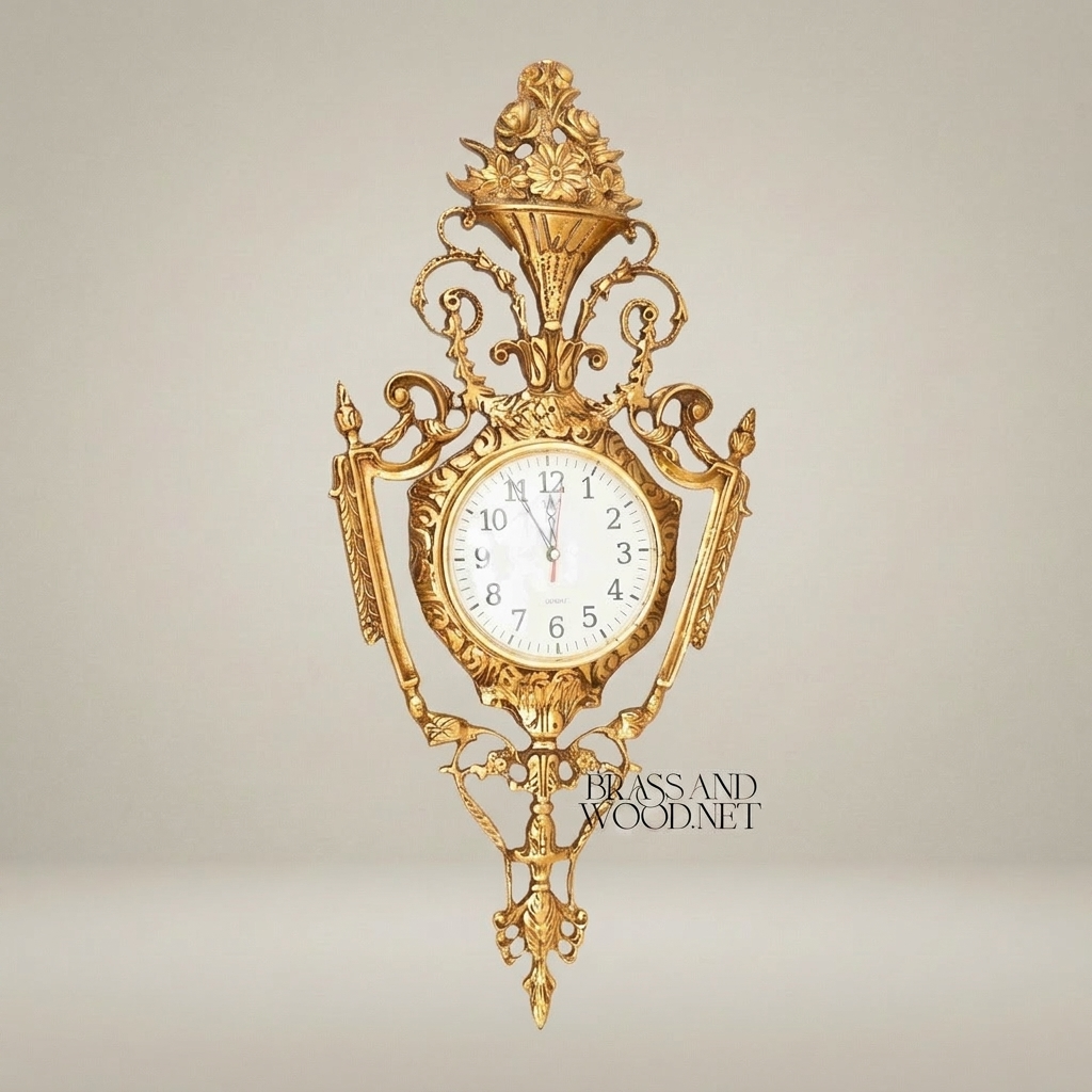 Rococo Gilt Brass Cartel Wall Clock - Floral Urn Crest & Scroll Frame — Gold