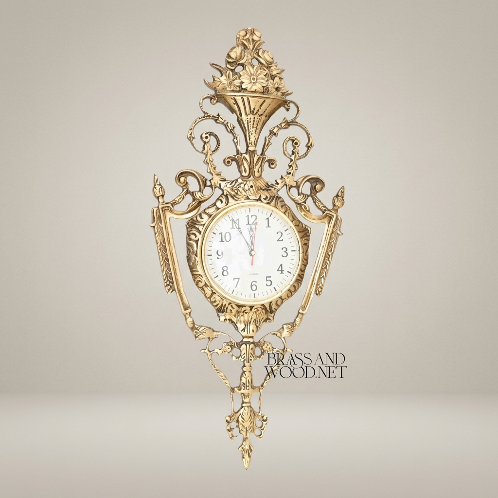 Rococo Gilt Brass Cartel Wall Clock - Floral Urn Crest & Scroll Frame — Antique Gold