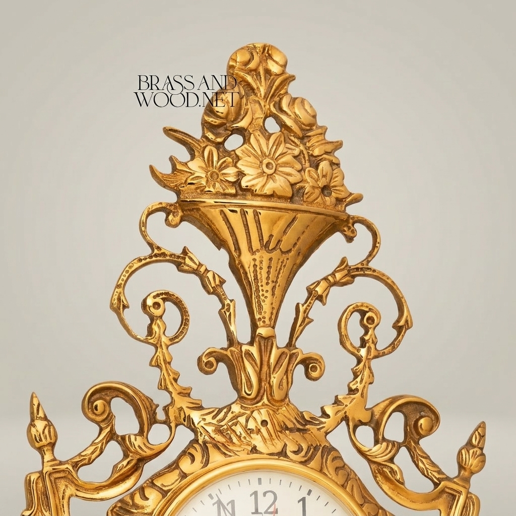 Rococo Gilt Brass Cartel Wall Clock - Floral Urn Crest & Scroll Frame — Gold