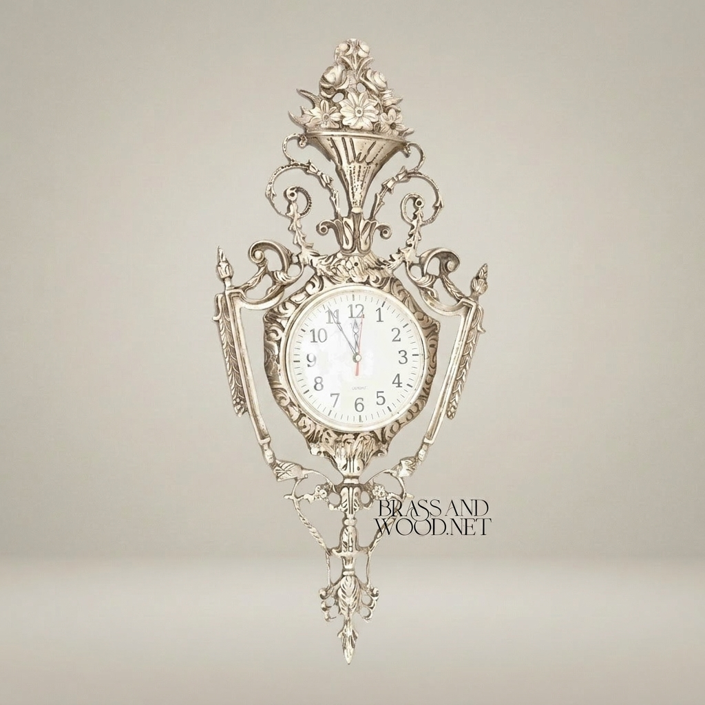 Rococo Gilt Brass Cartel Wall Clock - Floral Urn Crest & Scroll Frame — Silver