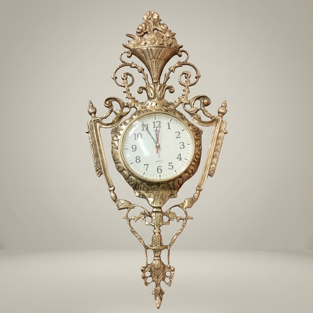 Rococo Gilt Brass Cartel Wall Clock - Floral Urn Crest & Scroll Frame — Antique Gold