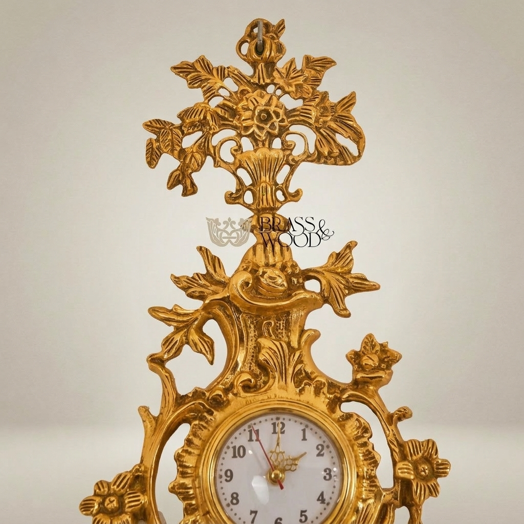Rococo Gilt Cartel Wall Clock with Floral Bouquet Crest — Gold