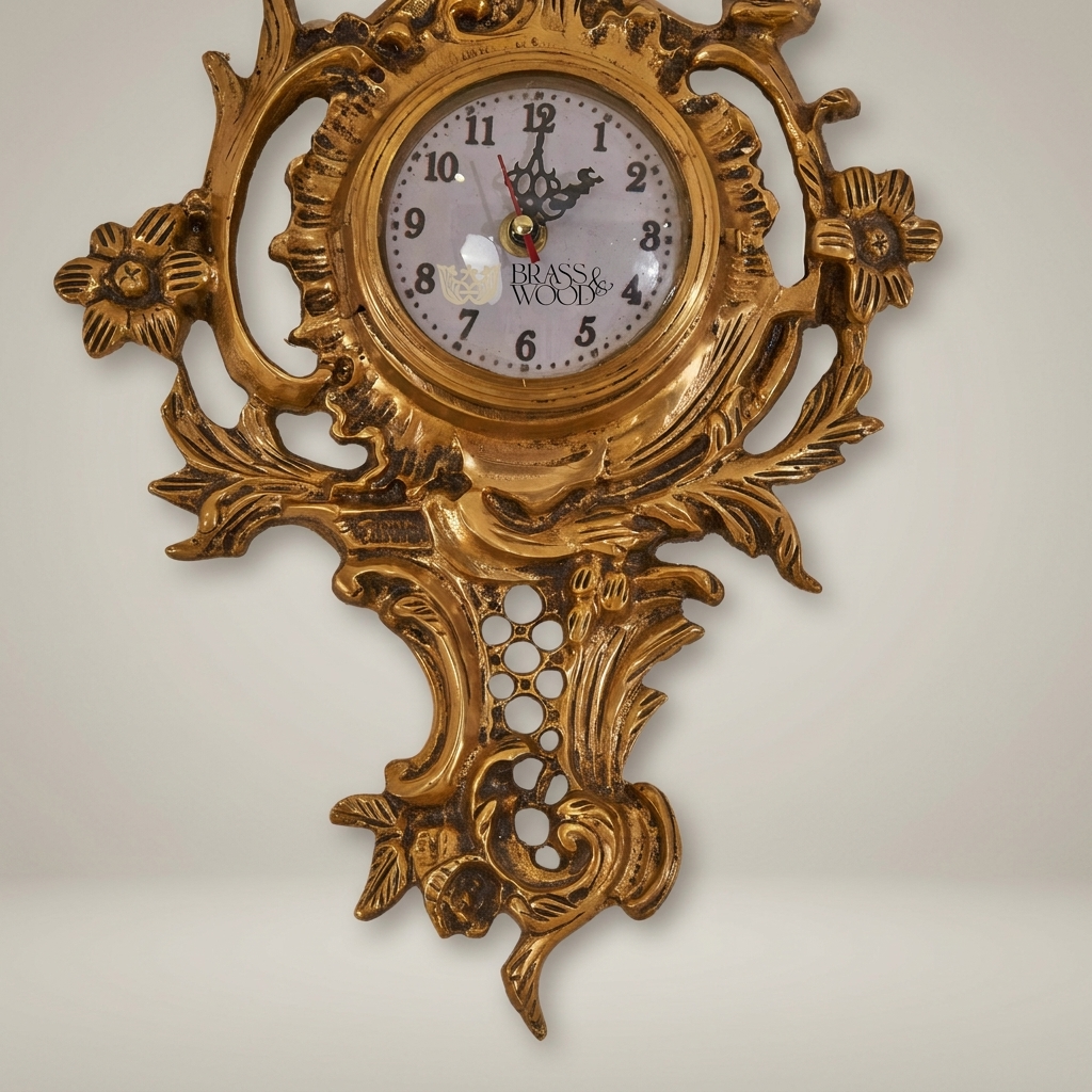 Rococo Gilt Cartel Wall Clock with Floral Bouquet Crest — Antique Gold