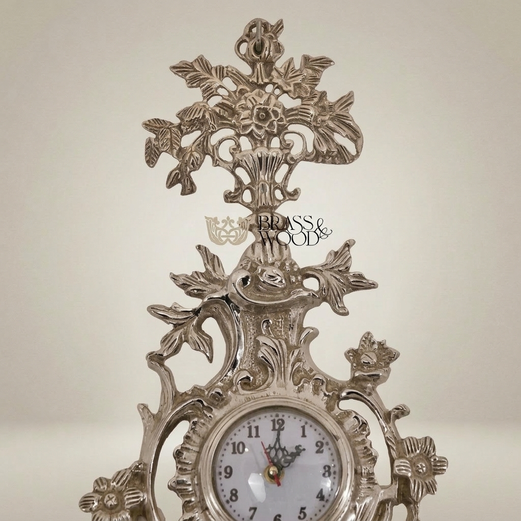 Rococo Gilt Cartel Wall Clock with Floral Bouquet Crest — Silver