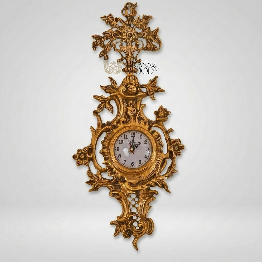 Rococo Gilt Cartel Wall Clock with Floral Bouquet Crest — Gold